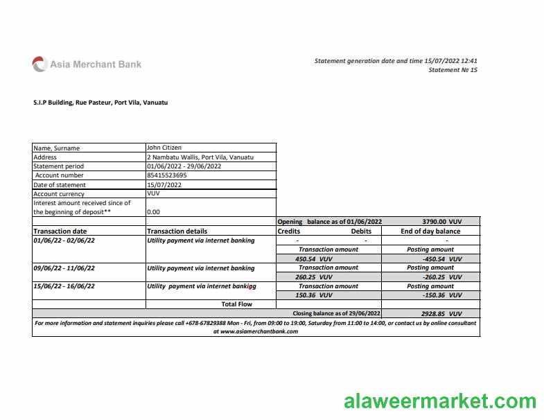 Vanuatu Asia Merchant bank statement, Excel and PDF format